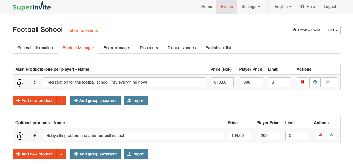 Options products screenshot