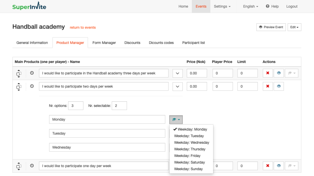 Selecting weekdays for a product