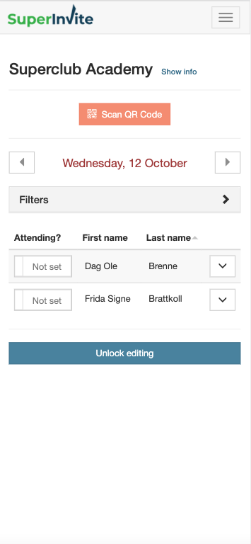 Attendance list for a day in mobile view