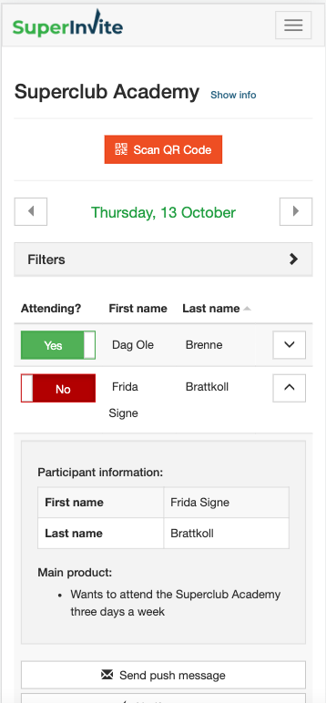 Participant marked with attendance status in mobile view