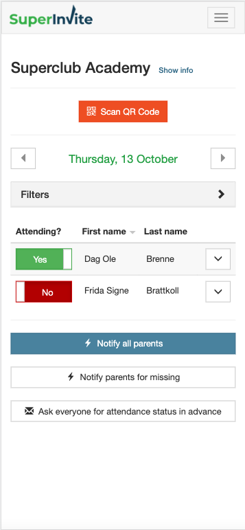 Sending attendance status as push notifications